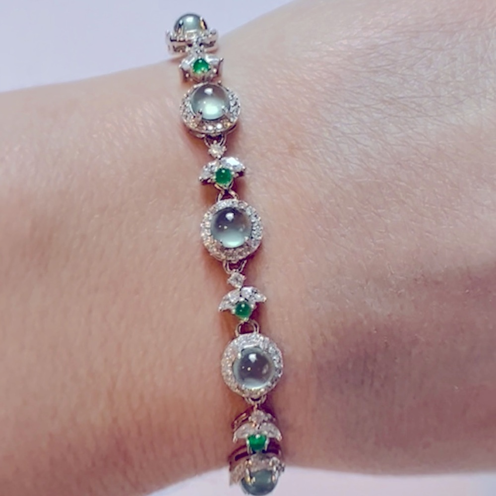 BBWJ2 Natural GRADE A Blue Water & Apple Green JadeiteJade Bracelet Rhodium S925